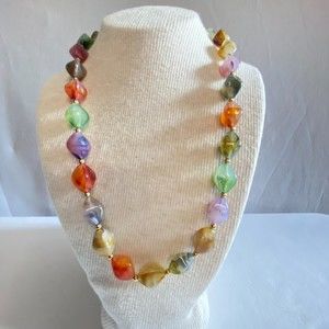 Colorful Necklace Agate Diamond Shape And Tiny Gold Tone Round Beads
